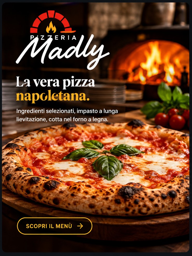 Immagine illustrativa del progetto Madly Pizzeria; apri il menù live per vedere il prodotto